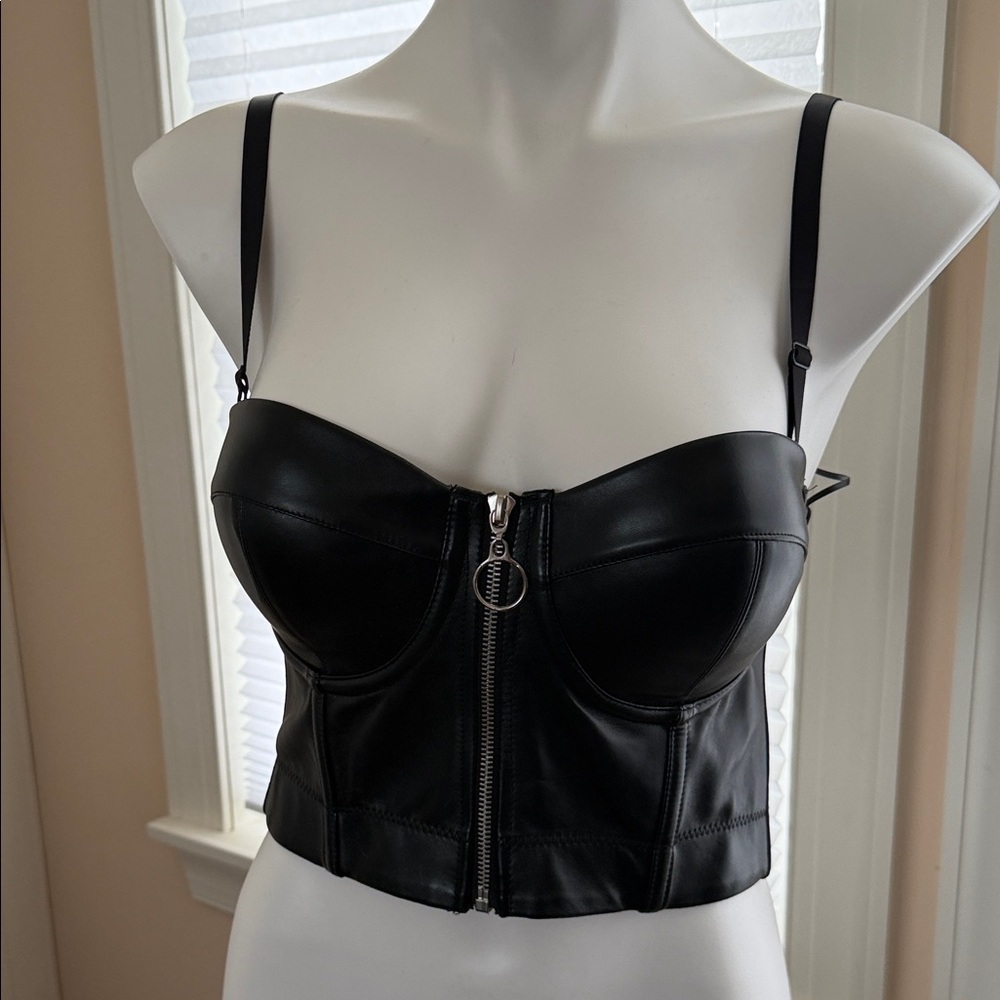 Women's Black Faux Leather Zip-Front Bustier Bra